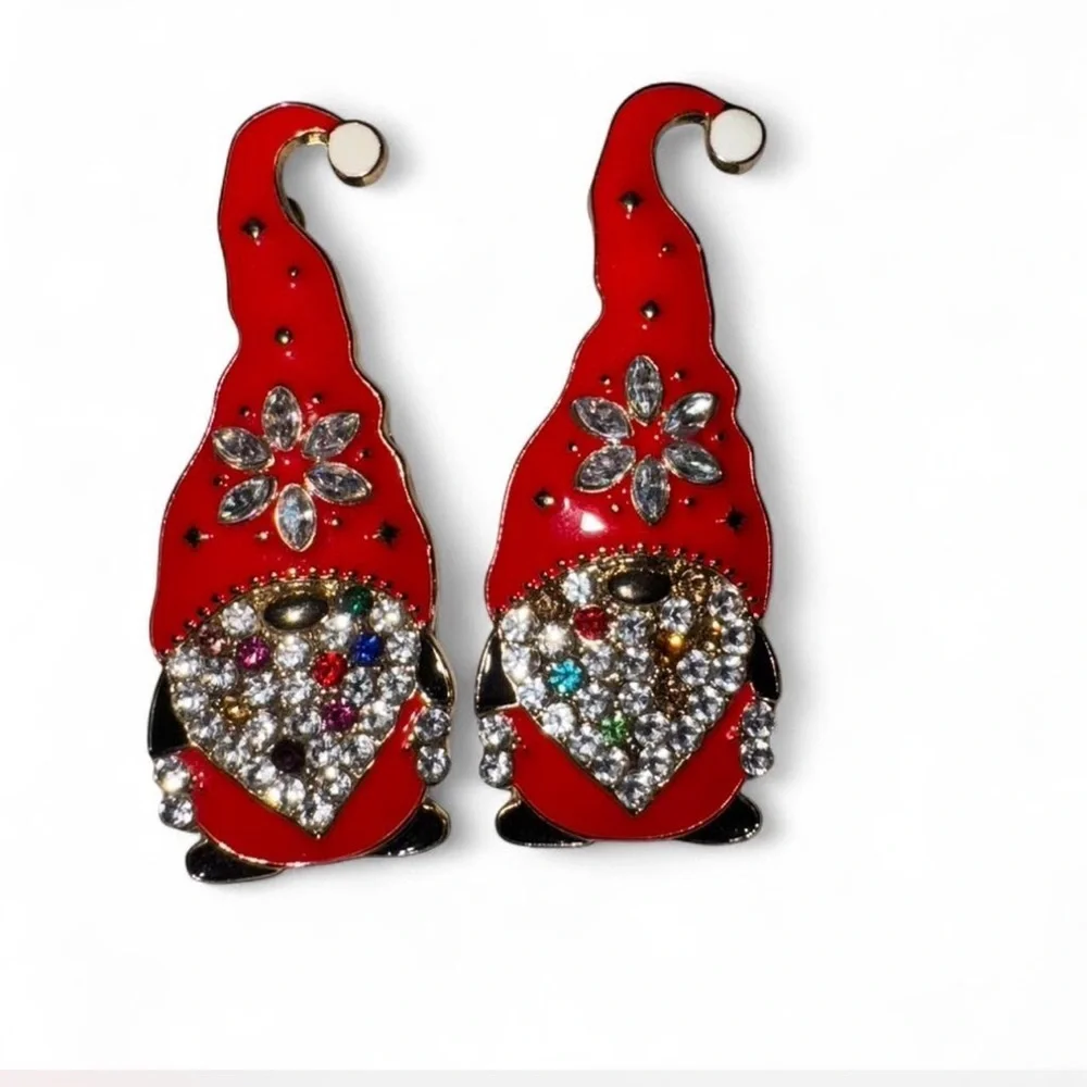 Festive Red Gnome Rhinestone Christmas Earrings 🎅✨ Holiday Jewelry - Picture 1 of 1